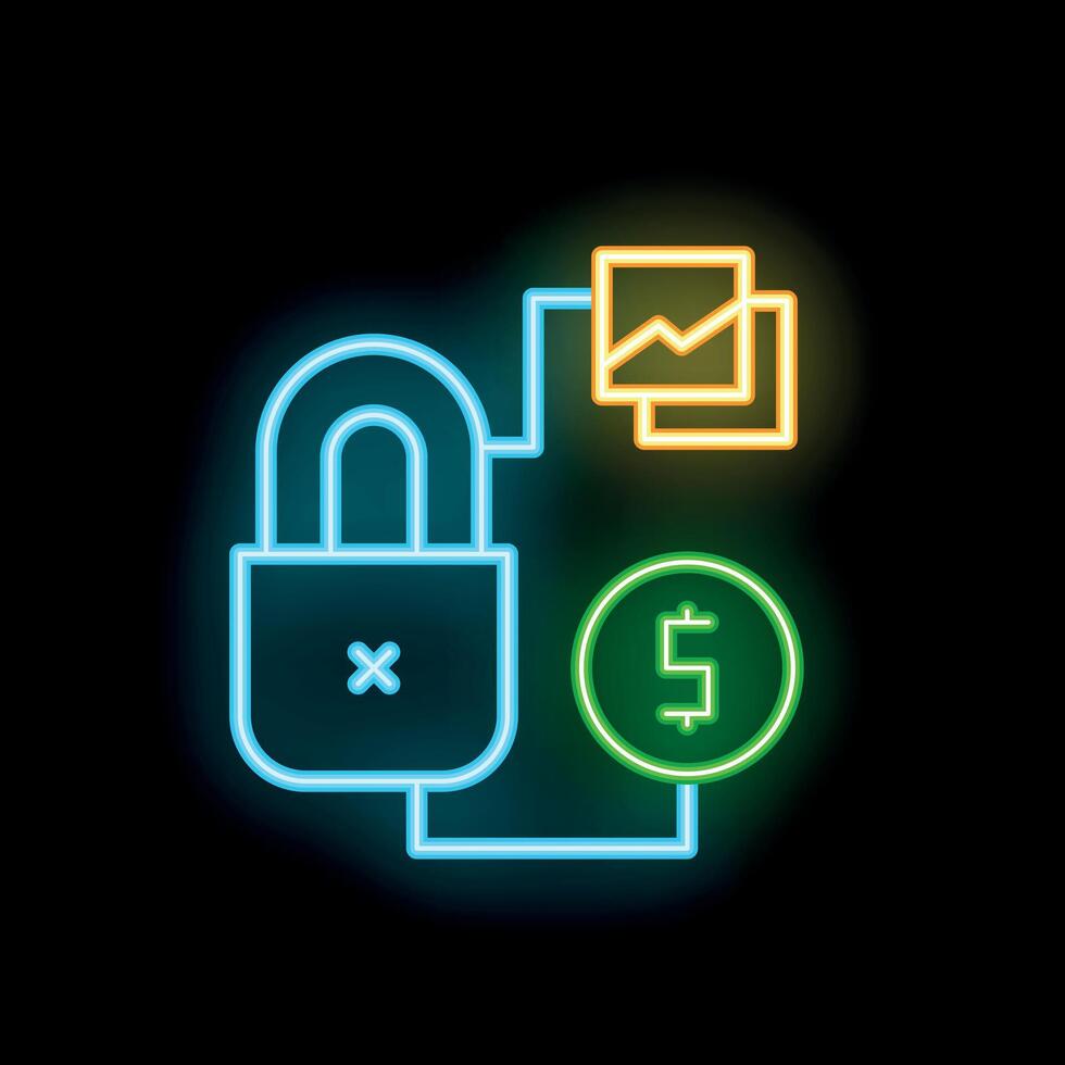 Neon icon style illustration representing digital asset security with locked padlock vector