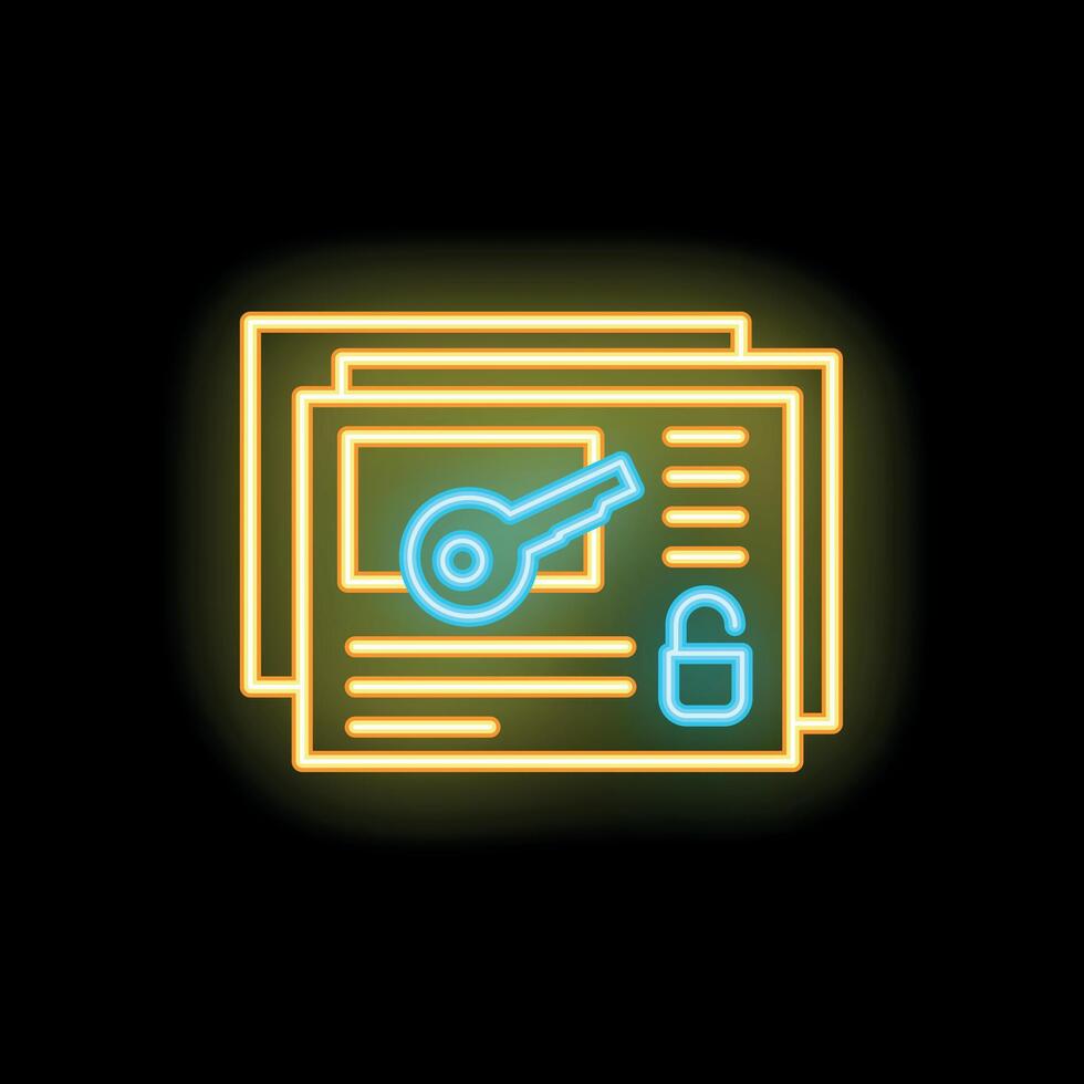 Neon icon of documents representing data encryption and security vector