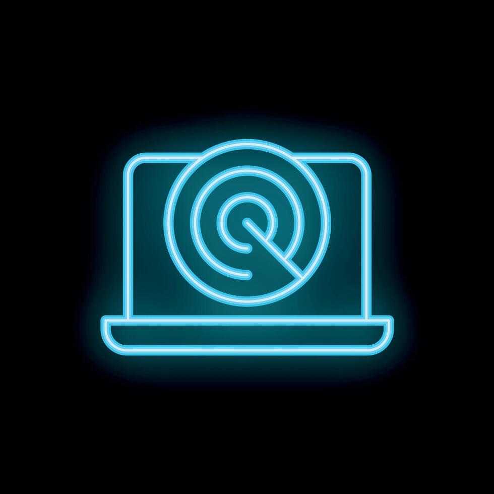Neon icon of laptop showing target symbol on the screen vector