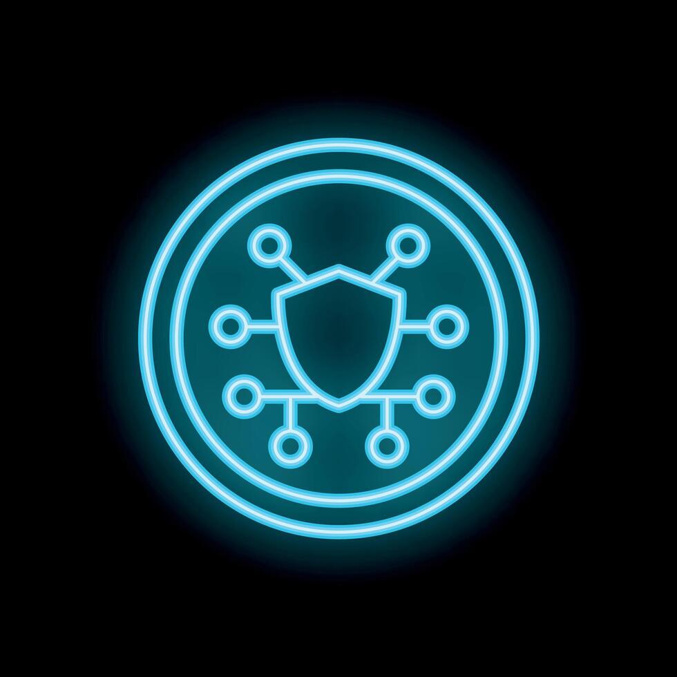Neon blue cyber security shield protecting network connections icon vector