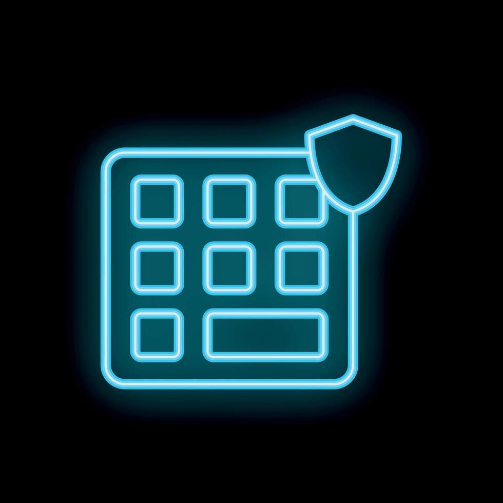 Blue neon keyboard with a shield is glowing on a black background vector