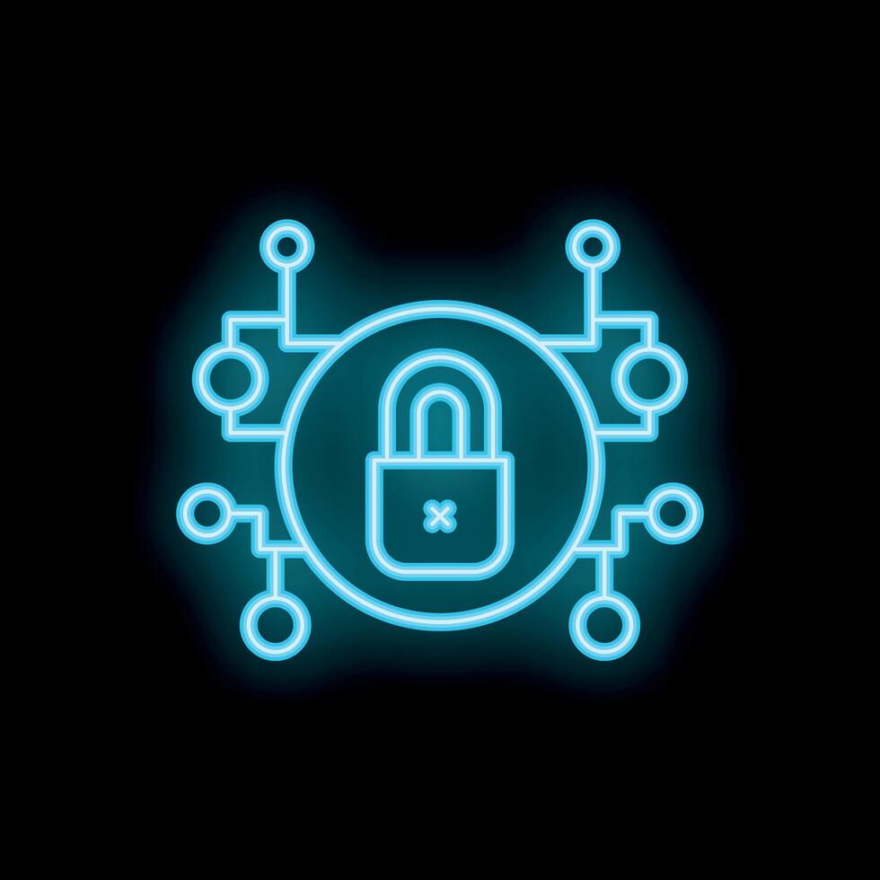 Neon cyber security icon depicting a padlock protecting a network vector