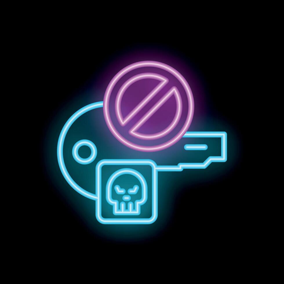 Neon sign showing key with skull tag and forbidden symbol vector
