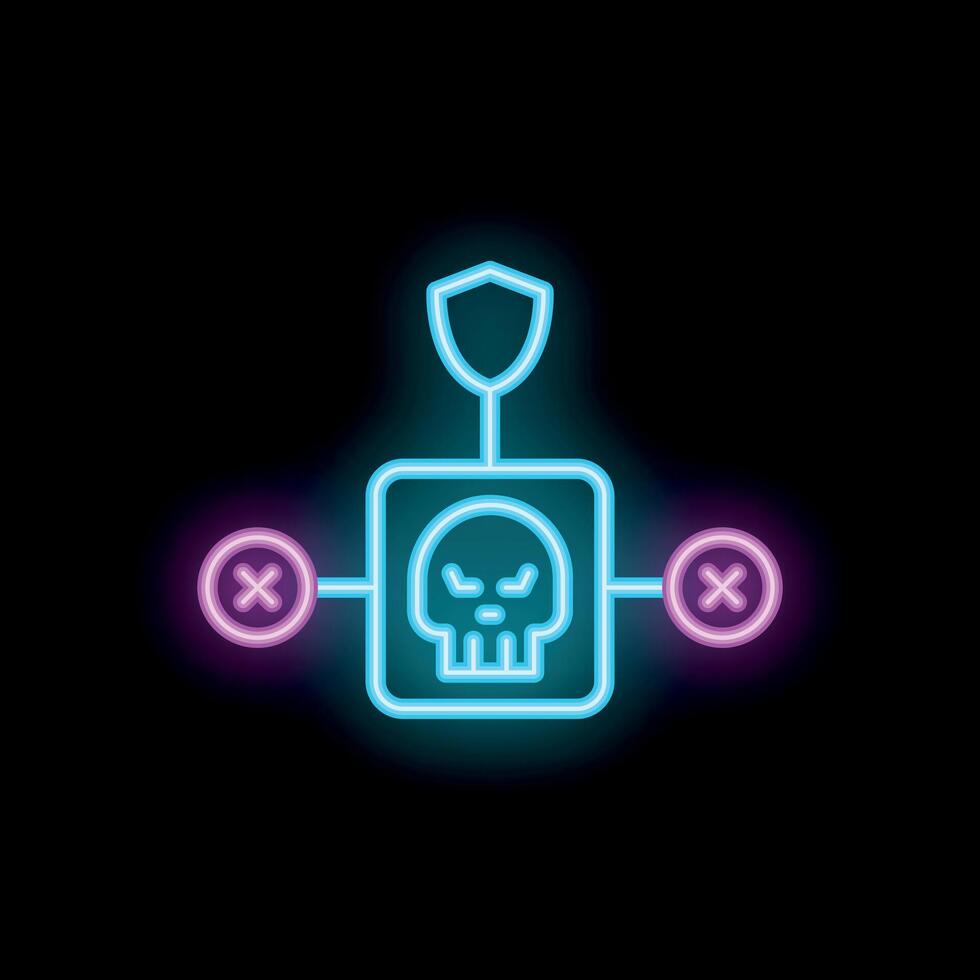 Neon cyber security system blocking cyber attack with skull icon vector