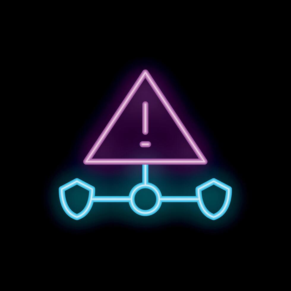 Neon cyber security warning sign over network connection with data protection shields vector