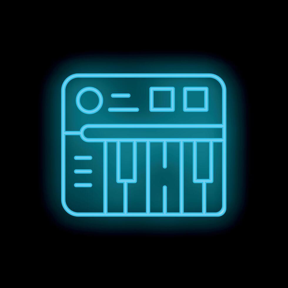 Blue neon synthesizer icon glowing against a black background vector