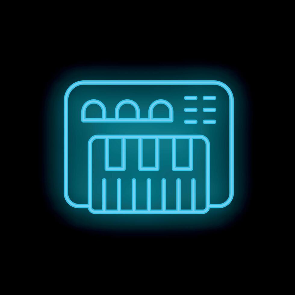 Neon icon of a digital piano glowing on dark background vector