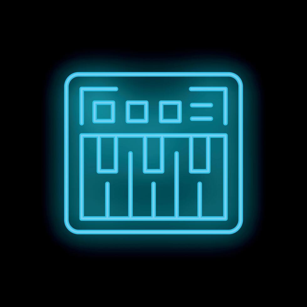 Blue neon synthesizer icon glowing against a black background vector