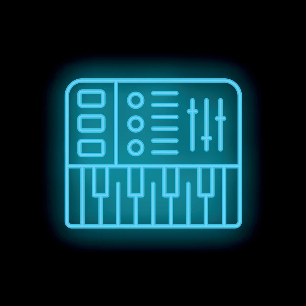 Blue neon synthesizer icon glowing on dark background vector