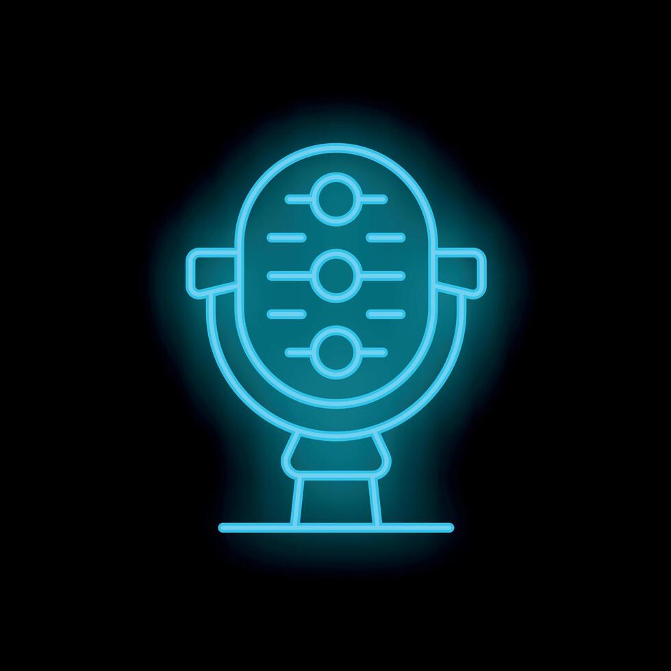 Blue neon microphone icon glowing on dark background vector
