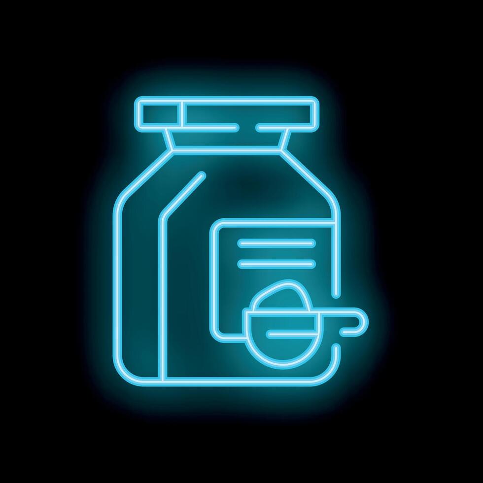 Blue neon icon of a supplement container with a measuring scoop glowing on a black background vector