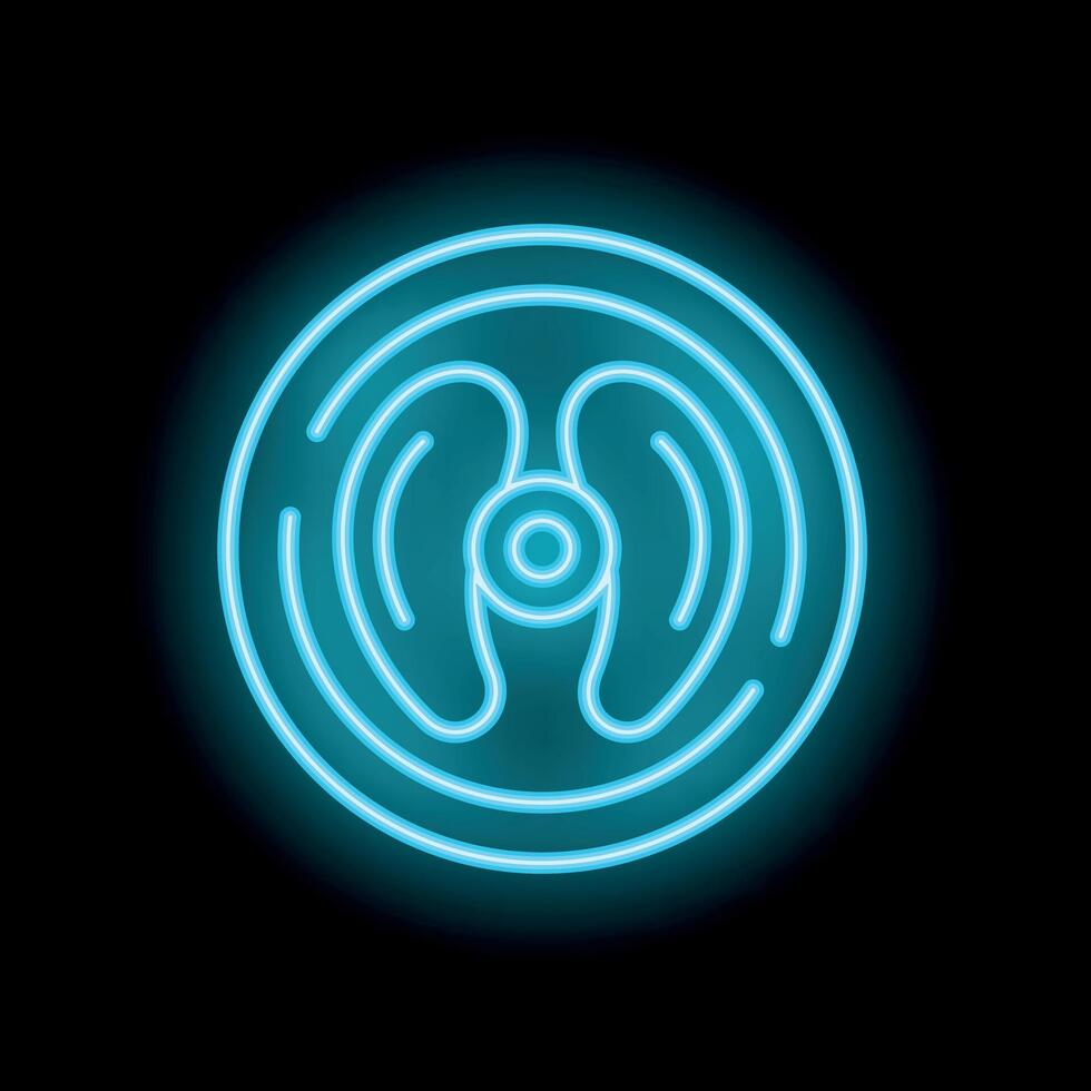 Neon blue fan icon glowing against a black background vector