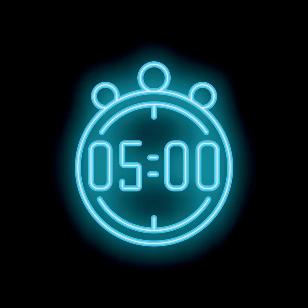 Blue neon stopwatch showing five minutes on black background vector