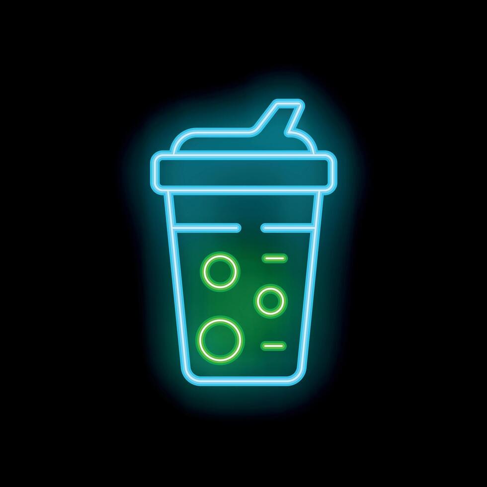 Neon sign showing a refreshing bubble tea cup with ice cubes on black background vector