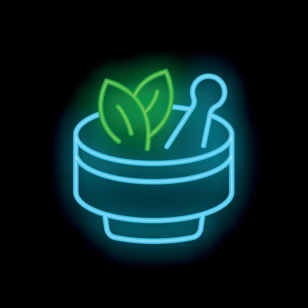 Neon sign representing a mortar with pestle crushing herbs vector