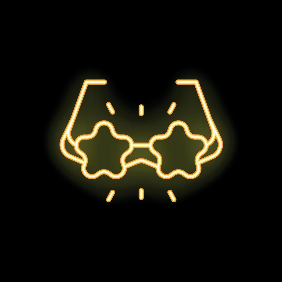 Neon icon of funny glasses with stars shining brightly on black background vector