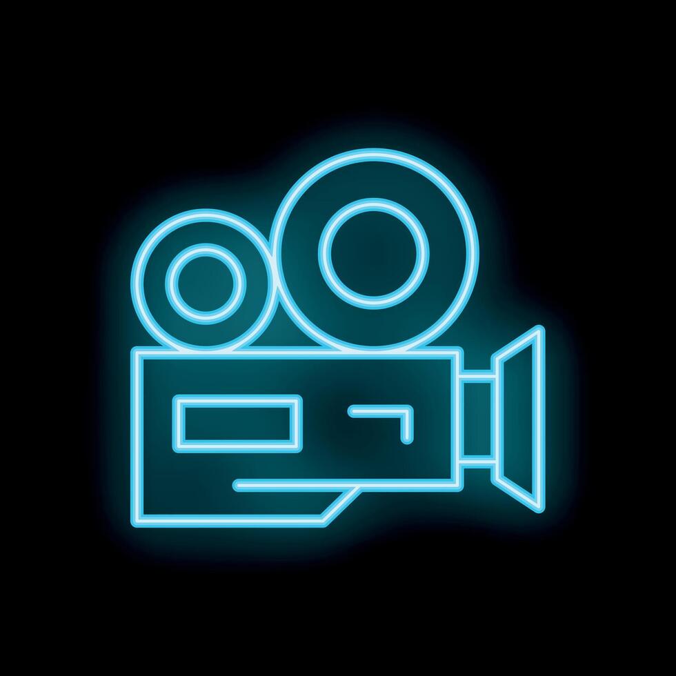 Blue neon sign of a retro movie camera glowing on black background vector