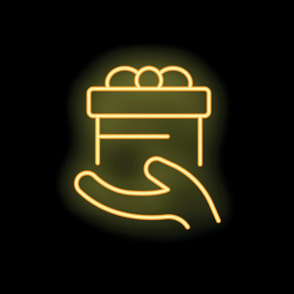 Neon sign of hand holding a box with coins representing donation concept vector