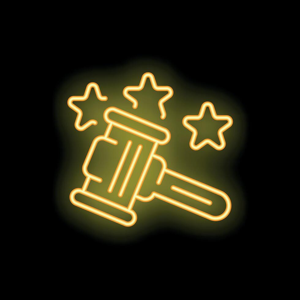 Neon gavel icon representing law and justice with stars vector