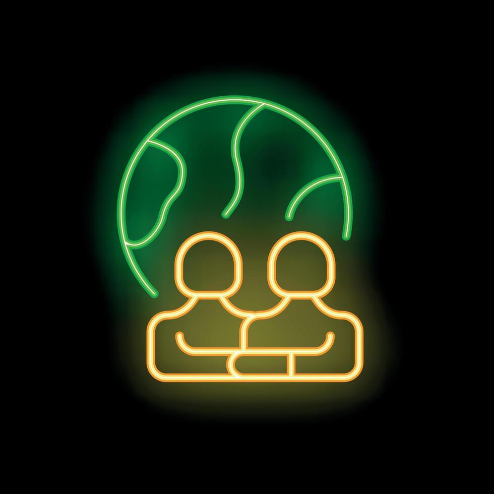 Neon sign of two people under planet earth for global community vector