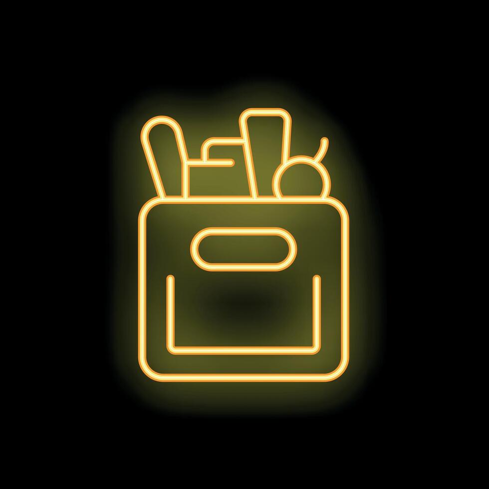 Glowing neon icon of a cardboard box full of groceries on a black background vector