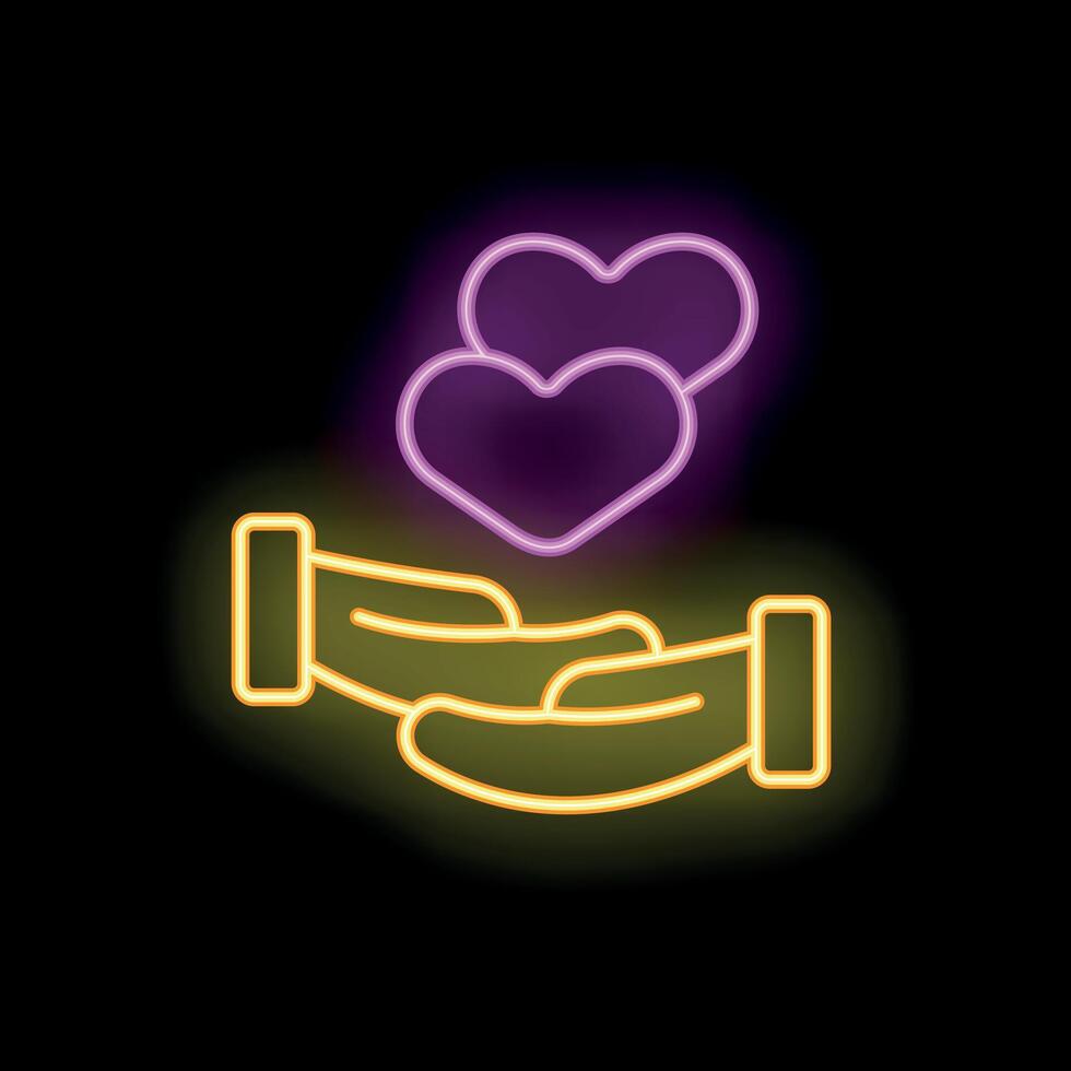 Two hands holding a neon heart sign on a black background vector