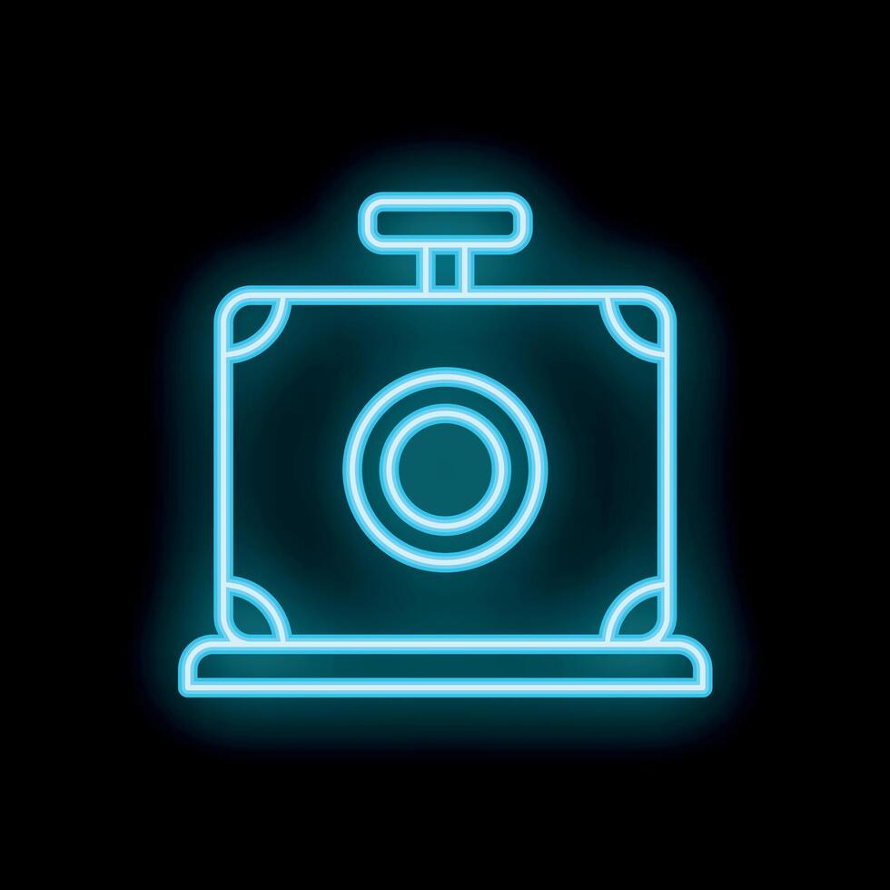 Blue neon icon of a vintage photo camera on black background vector