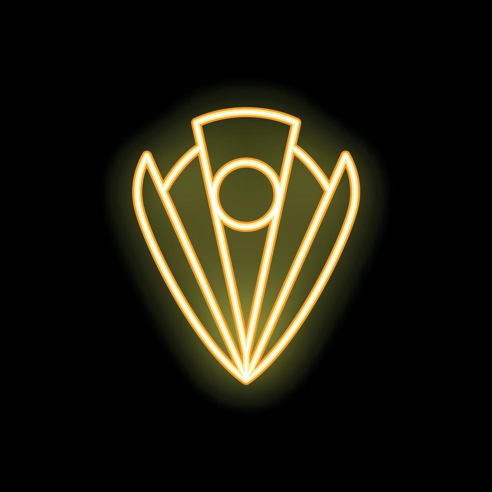 Gold neon shield glowing on black background representing protection and security vector