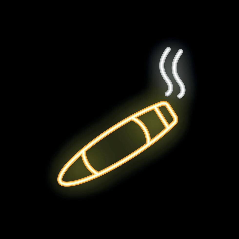 Glowing neon icon of a lit cigar with smoke vector