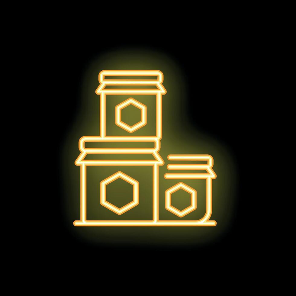Yellow neon sign of honey jars stacked on black background vector