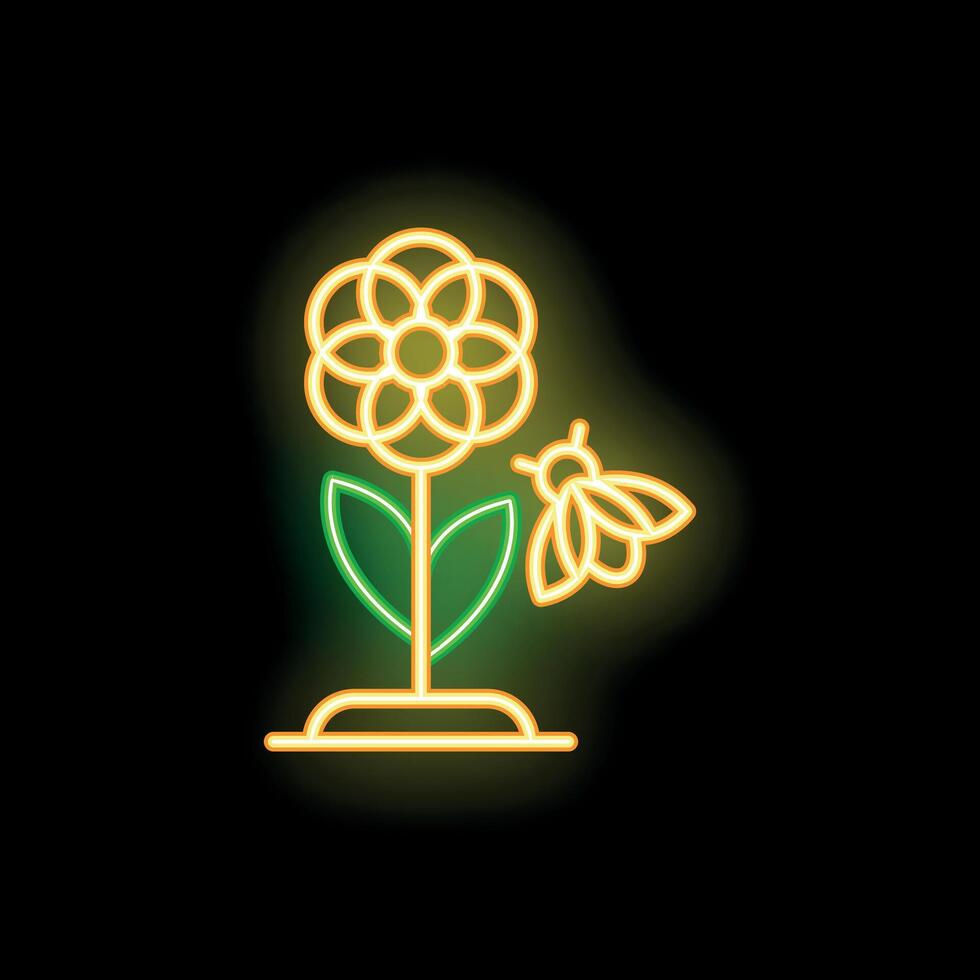 Glowing neon icon of a bee pollinating a flower vector