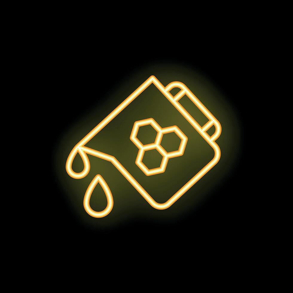 Neon sign of honey pouring from a honeycomb jar on black background vector