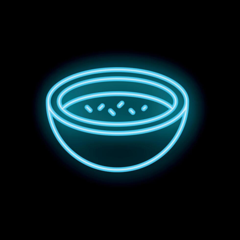 Neon blue bowl of soup glowing on black background vector