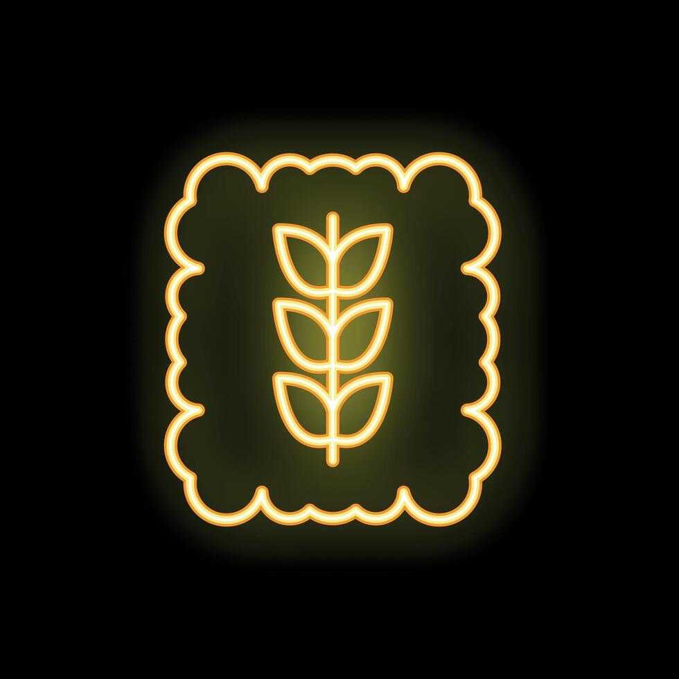 Neon yellow square shaped bread loaf with wheat sign on black background vector