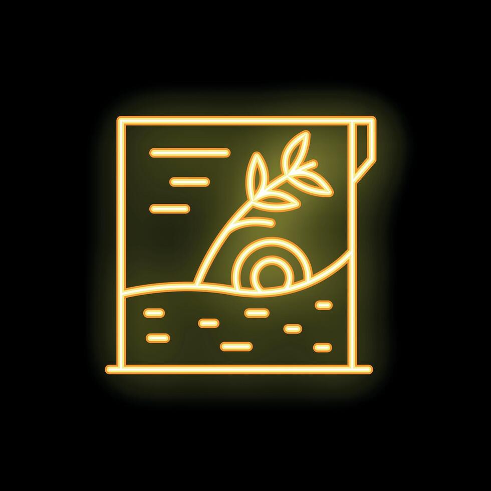 Neon yellow seeds packet growing from ground icon on black background vector