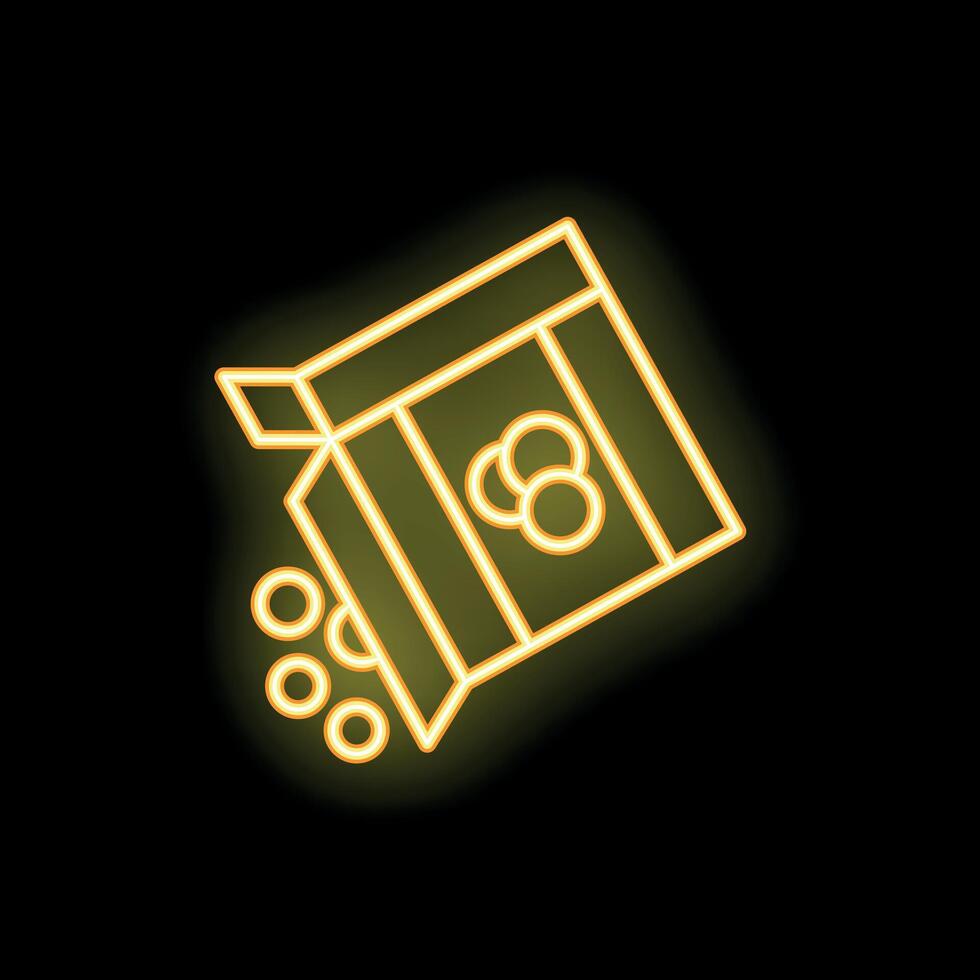 Neon icon of open box pouring out round pieces on black background vector