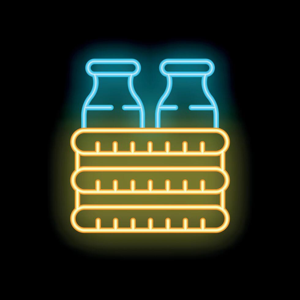 Neon sign of milk bottles in a crate glowing on black background vector