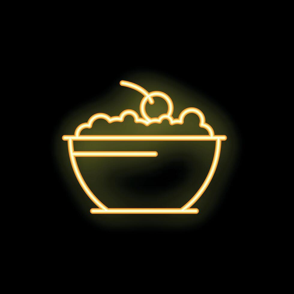 Neon food icon of bowl with whipped cream and cherry vector