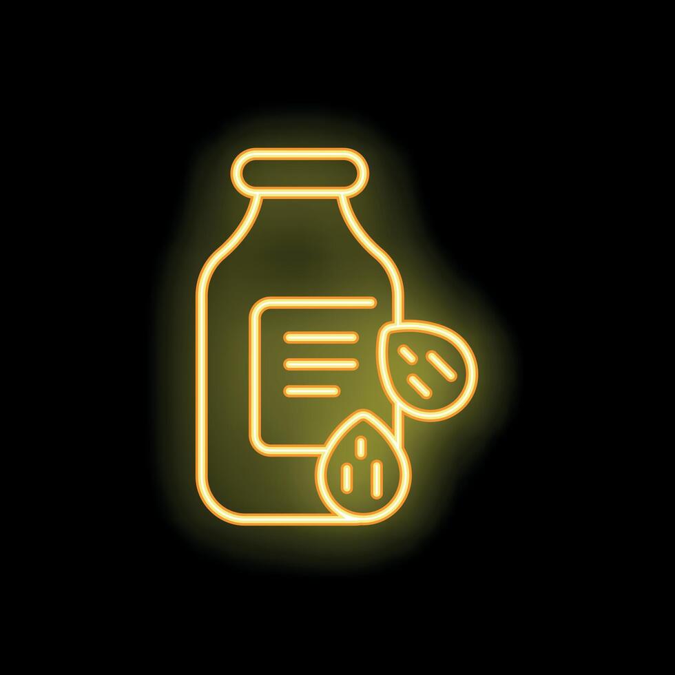 Neon icon of almond milk in glass bottle glowing on black background vector