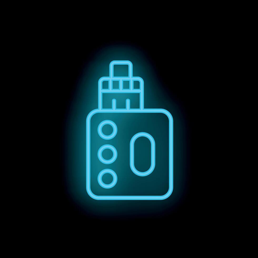 Blue neon vaping device icon glowing against a black background vector