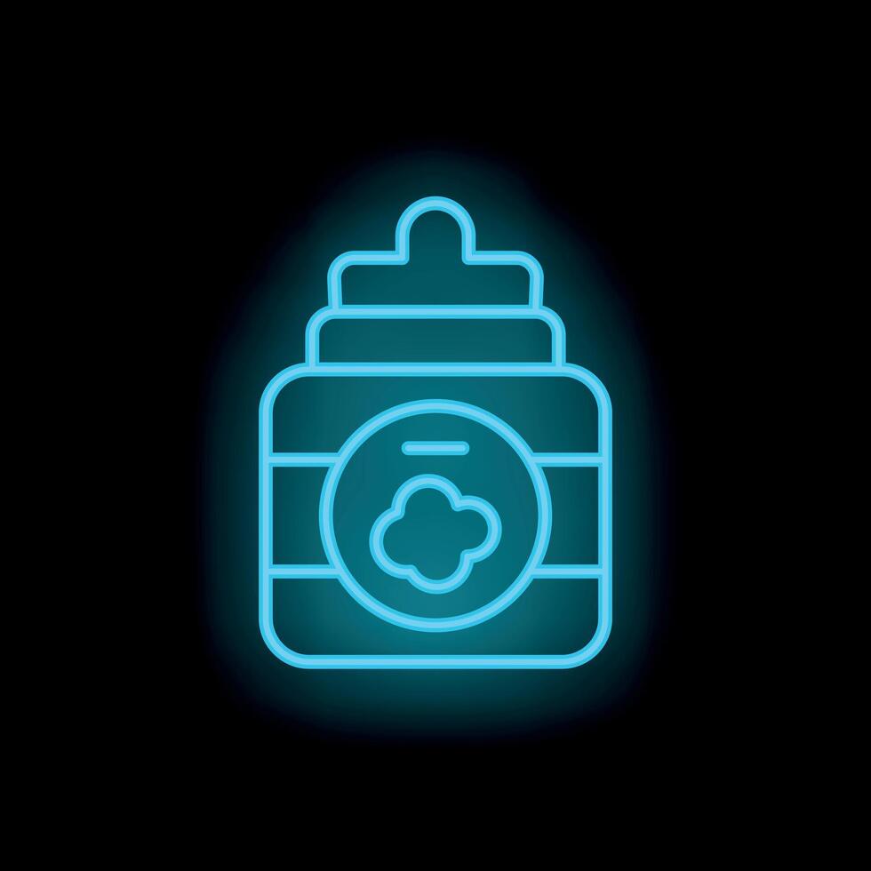 Blue neon icon of baby food jar glowing on black background vector
