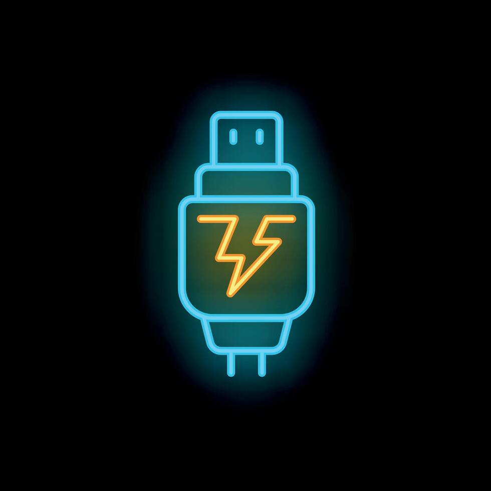 Neon usb flash drive icon glowing against black background vector