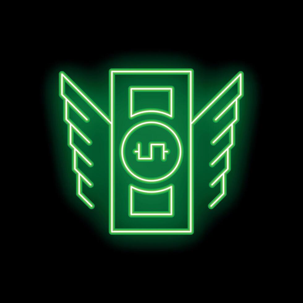 Neon green banknote with wings flying on black background vector