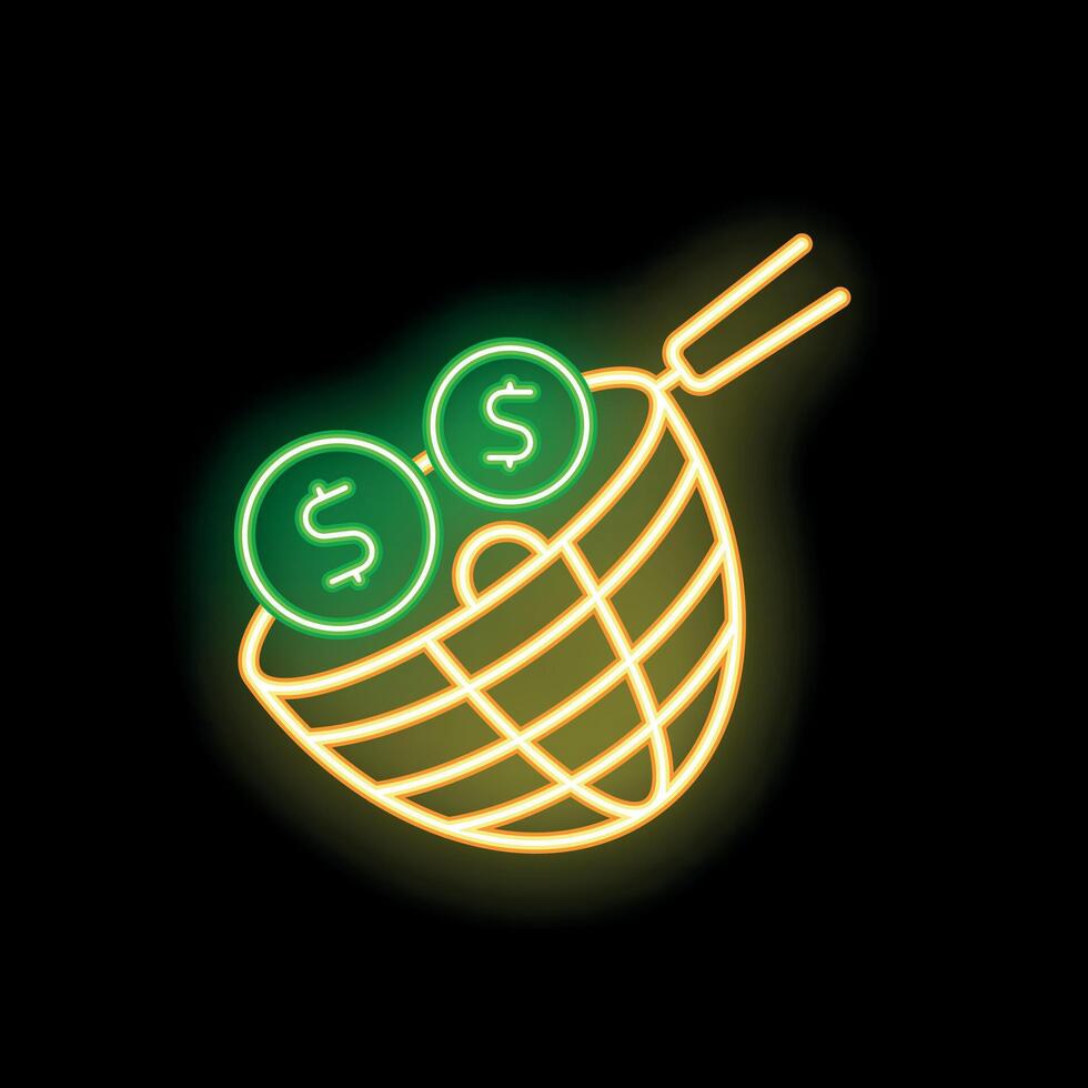 Neon sign of fork lifting dollar coins from net representing wealth management vector