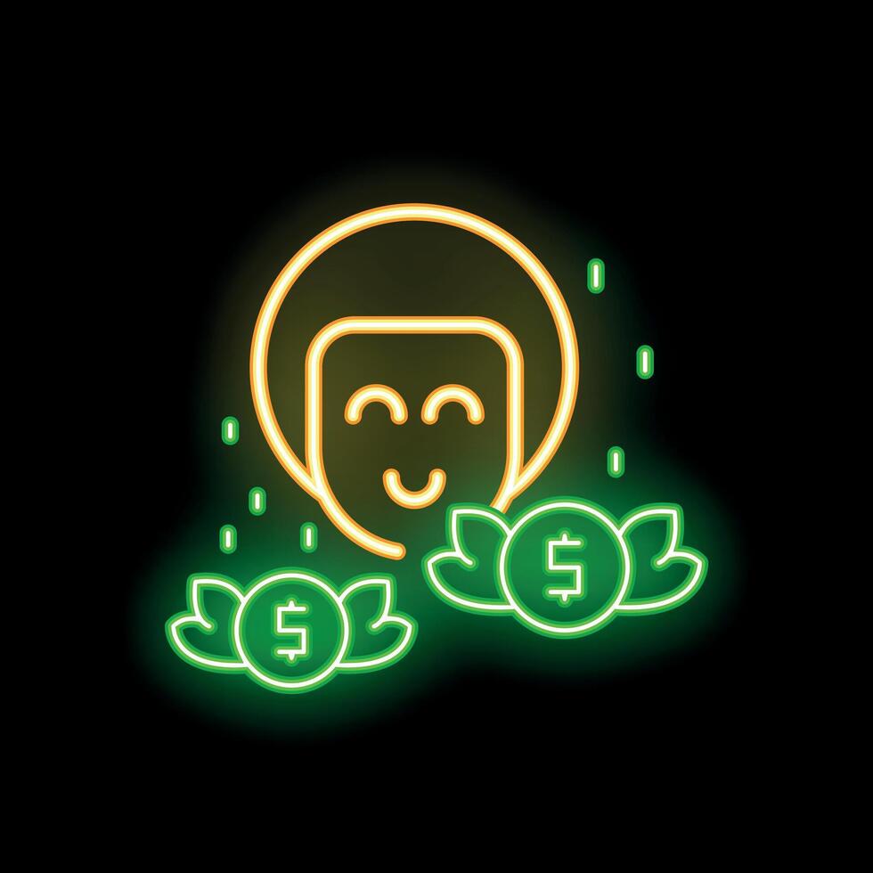 Neon sign of happy face with money growing on plants vector