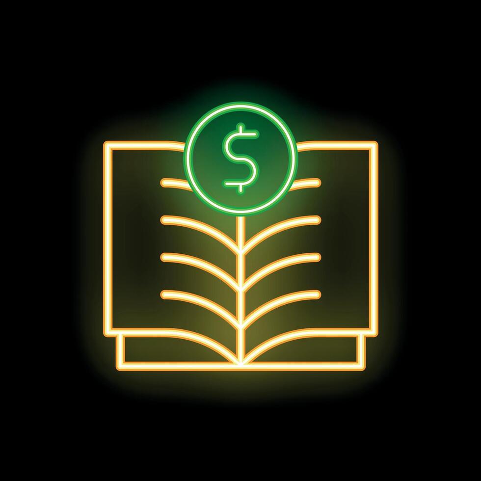 Neon icon of open book with dollar symbol representing financial education vector