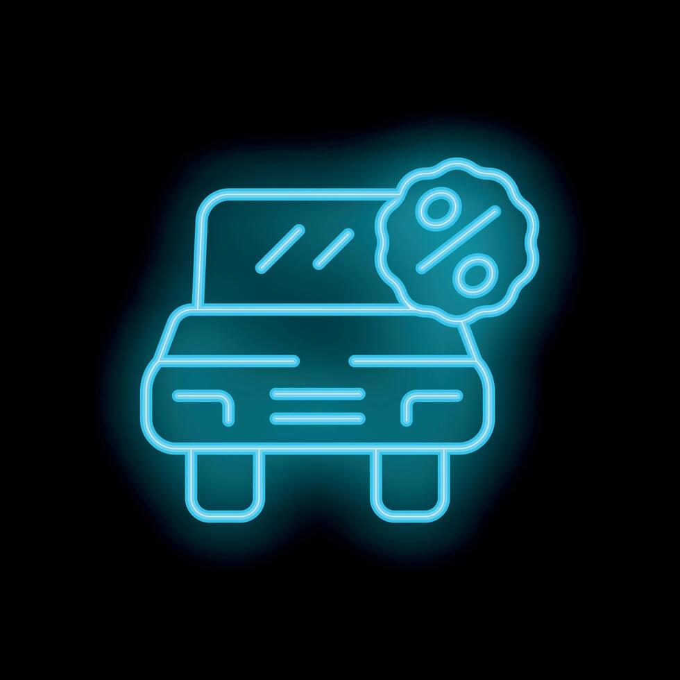 Neon icon of car with percentage sign representing car loan vector
