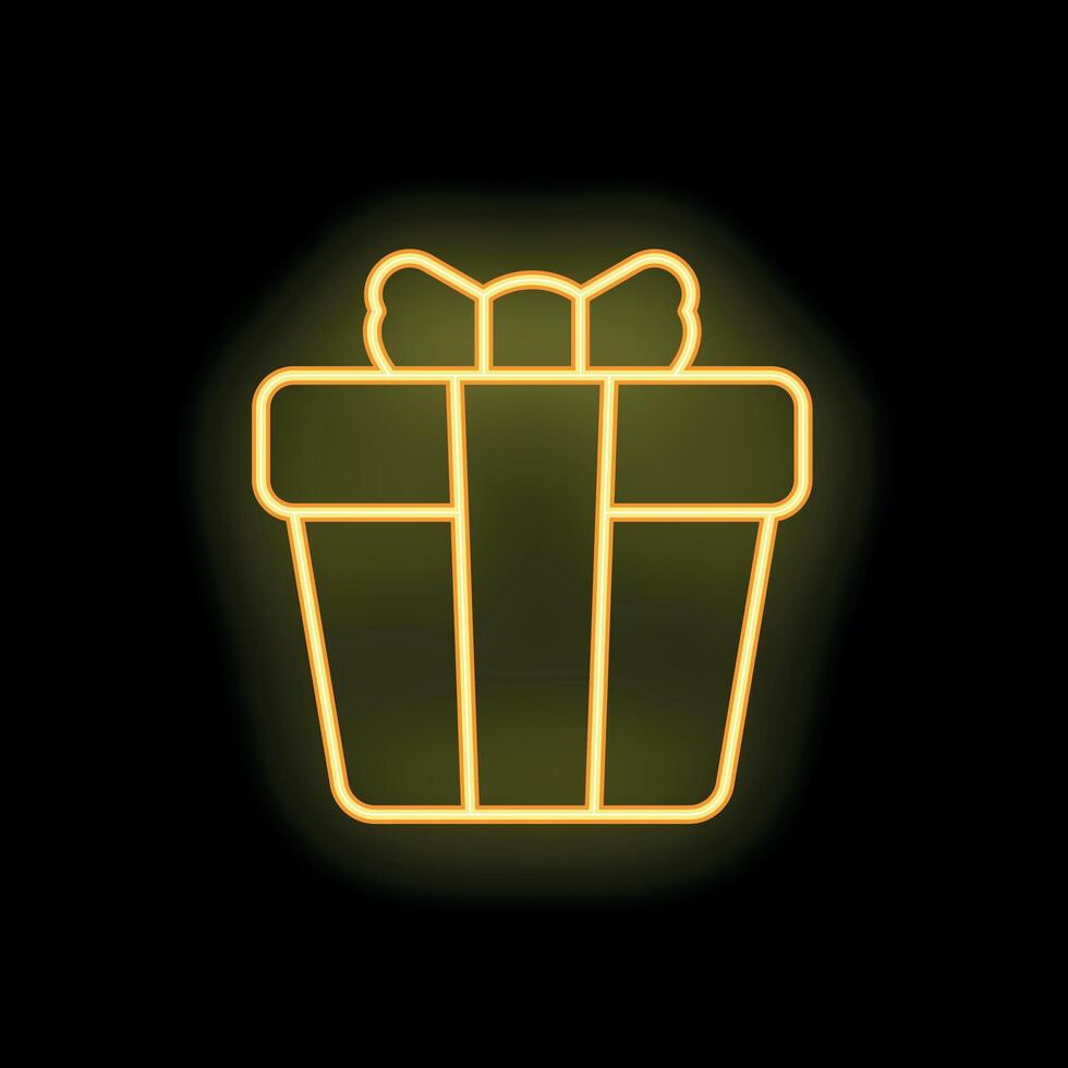 Yellow neon gift box shining on black background vector