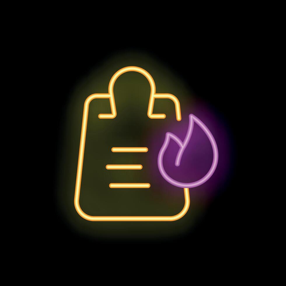 Neon clipboard with fire icon glowing on black background vector