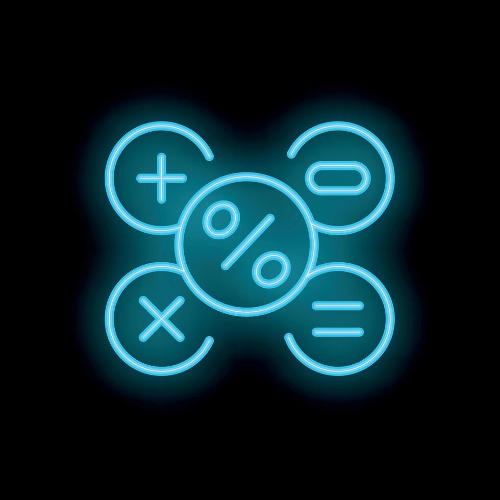 Neon blue percentage sign with mathematical symbols on black background vector